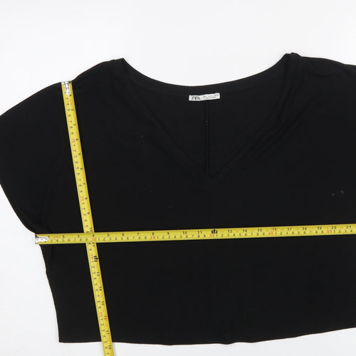ZARA Womens Black Cropped V-Neck Short Sleeve T-Shirt Size S