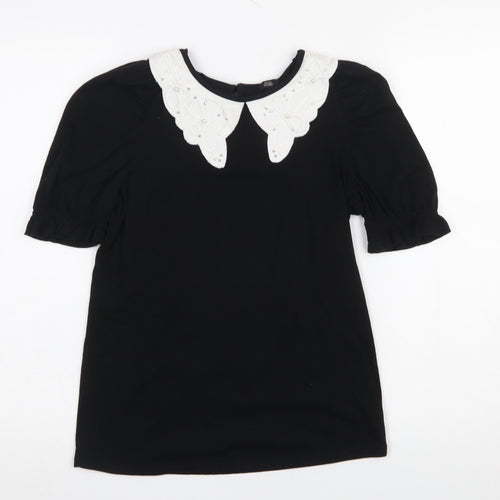River Island Women's Black Short Sleeve Blouse UK 6 Embroidered Collar