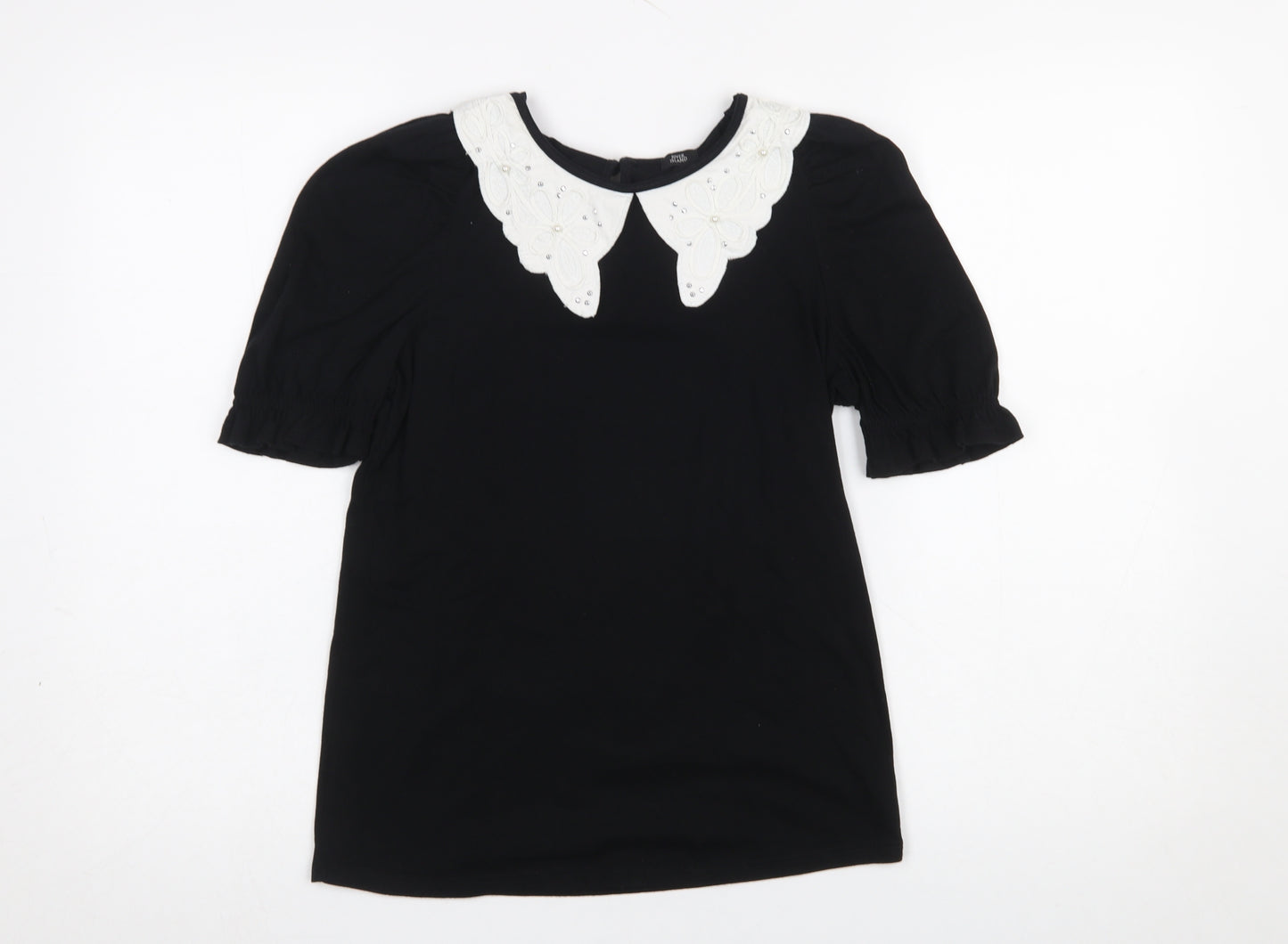 River Island Women's Black Short Sleeve Blouse UK 6 Embroidered Collar