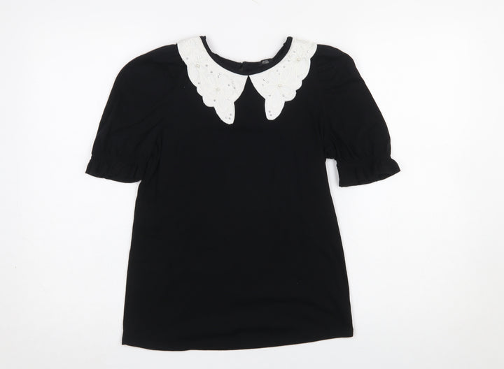 River Island Women's Black Short Sleeve Blouse UK 6 Embroidered Collar