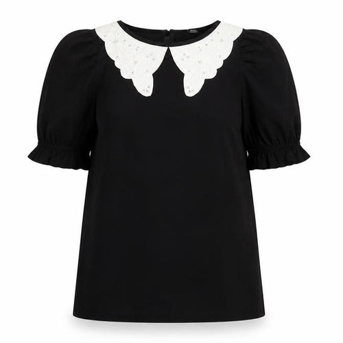 River Island Women's Black Short Sleeve Blouse UK 6 Embroidered Collar