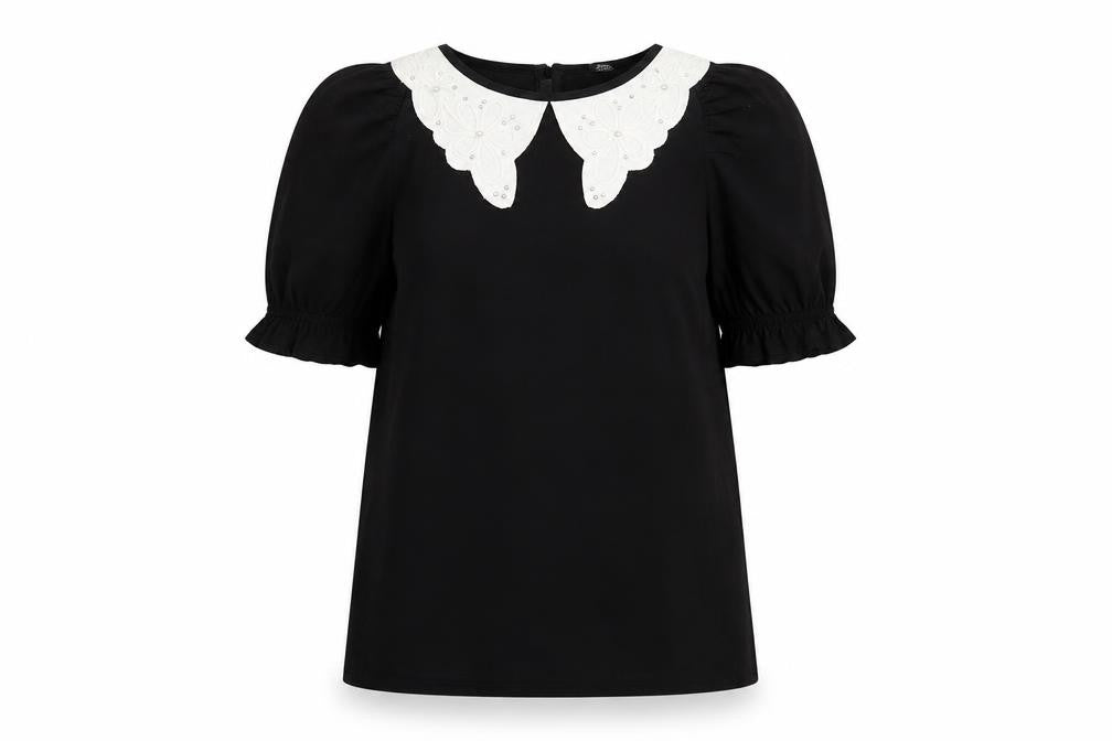 River Island Women's Black Short Sleeve Blouse UK 6 Embroidered Collar