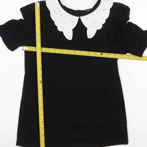 River Island Women's Black Short Sleeve Blouse UK 6 Embroidered Collar