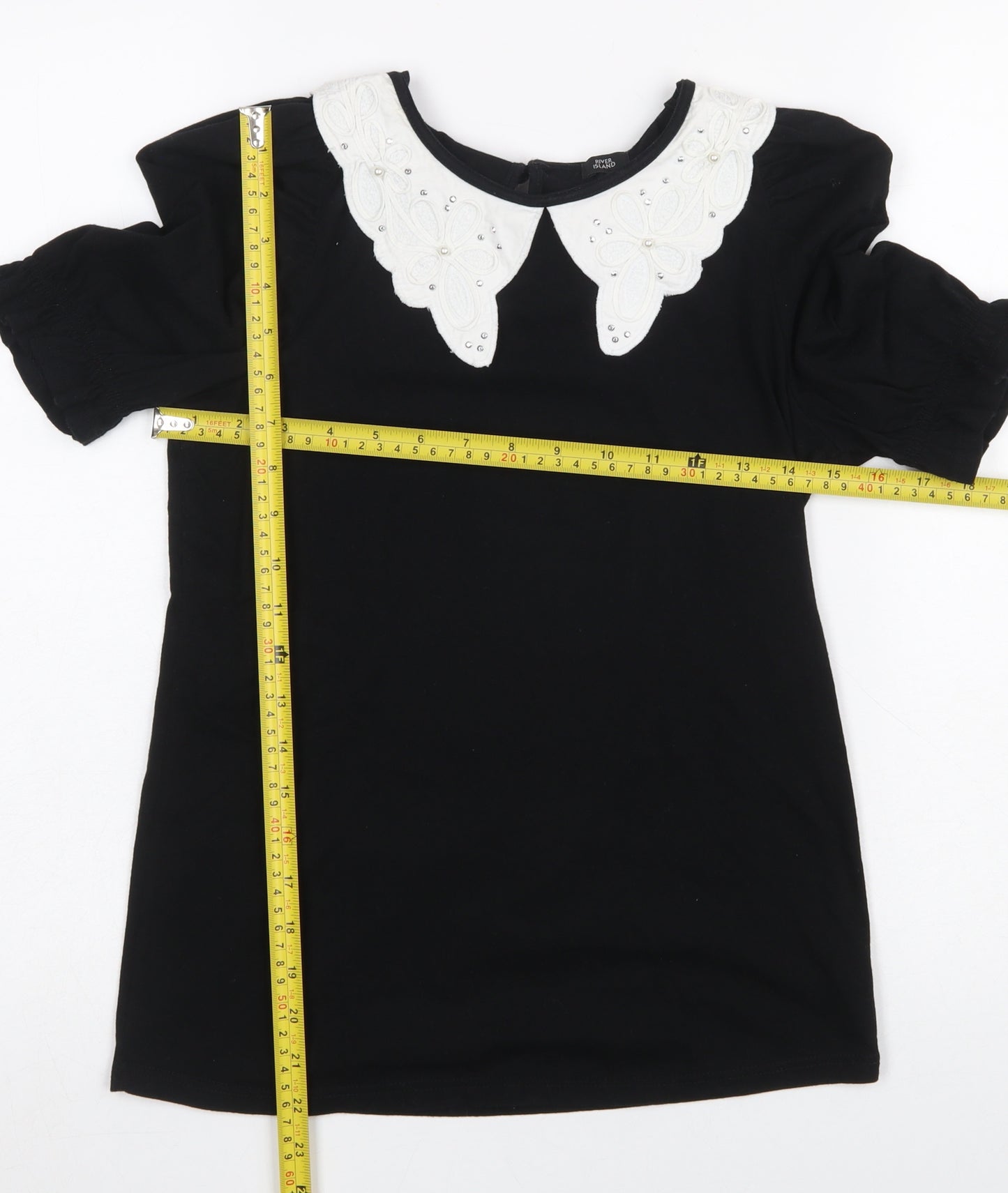 River Island Women's Black Short Sleeve Blouse UK 6 Embroidered Collar