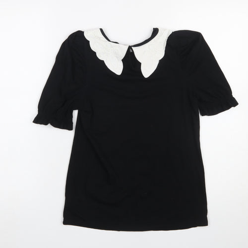 River Island Women's Black Short Sleeve Blouse UK 6 Embroidered Collar