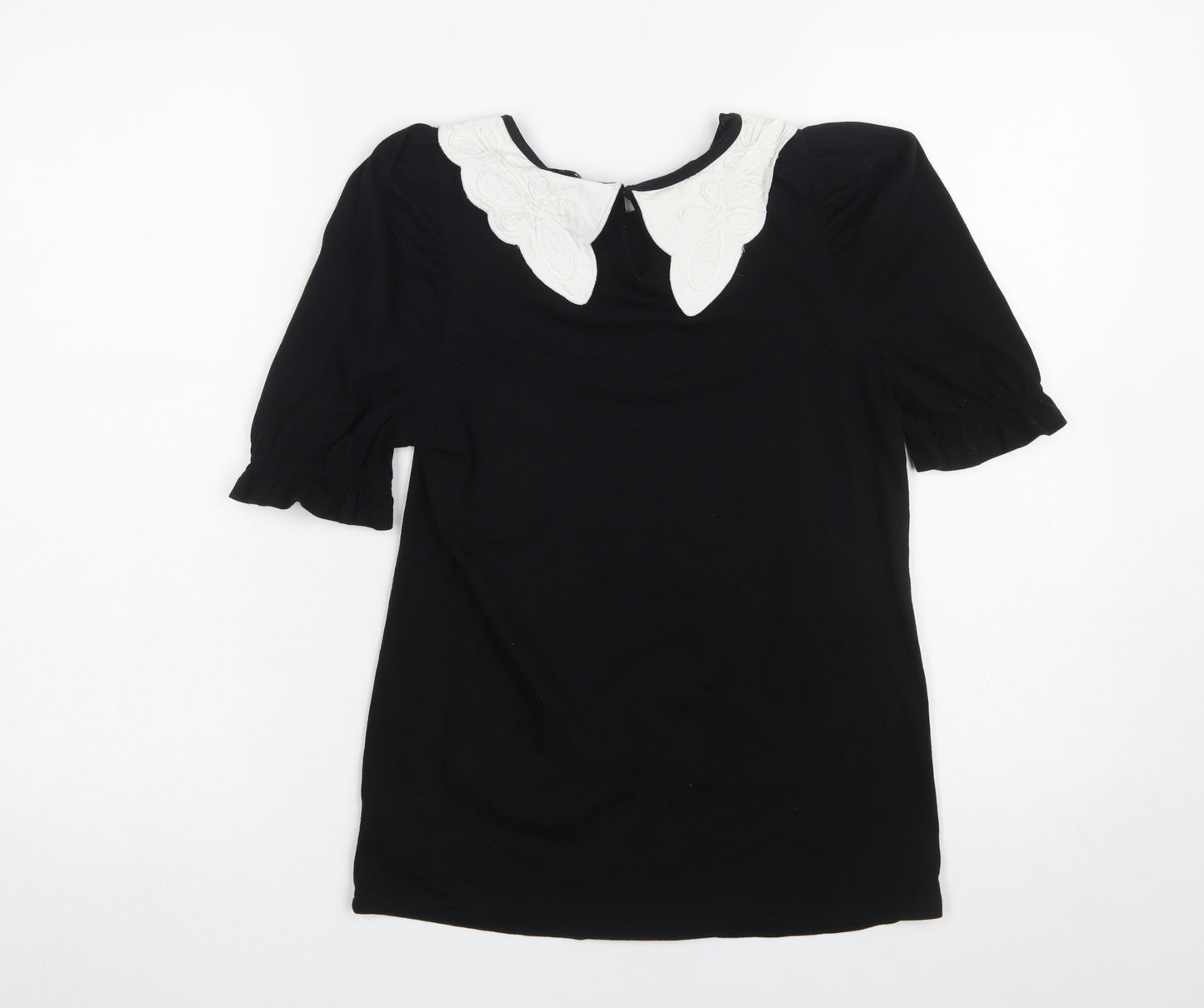 River Island Women's Black Short Sleeve Blouse UK 6 Embroidered Collar
