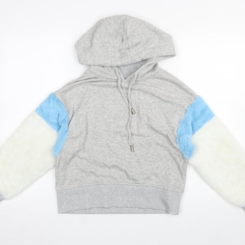 Bershka BSK Girl Women's Grey Pullover Hoodie S Colourblock Faux Fur Sleeves