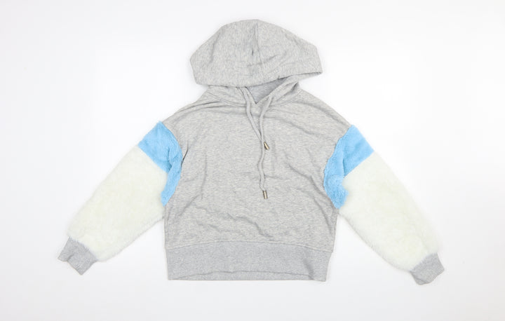 Bershka BSK Girl Women's Grey Pullover Hoodie S Colourblock Faux Fur Sleeves
