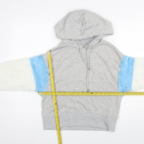 Bershka BSK Girl Women's Grey Pullover Hoodie S Colourblock Faux Fur Sleeves