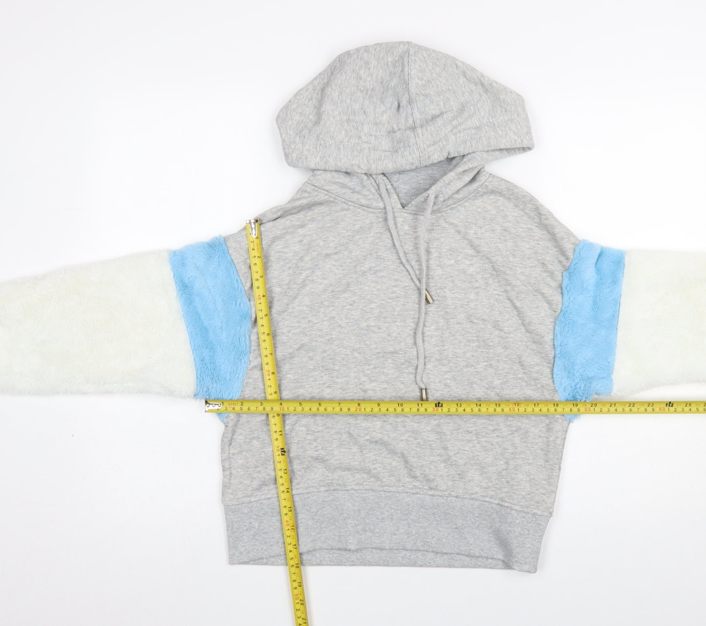 Bershka BSK Girl Women's Grey Pullover Hoodie S Colourblock Faux Fur Sleeves