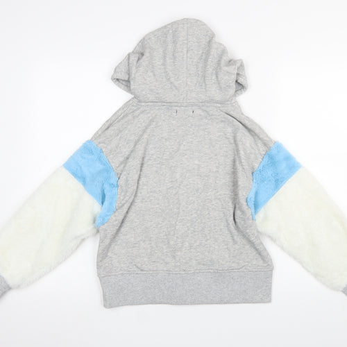 Bershka BSK Girl Women's Grey Pullover Hoodie S Colourblock Faux Fur Sleeves