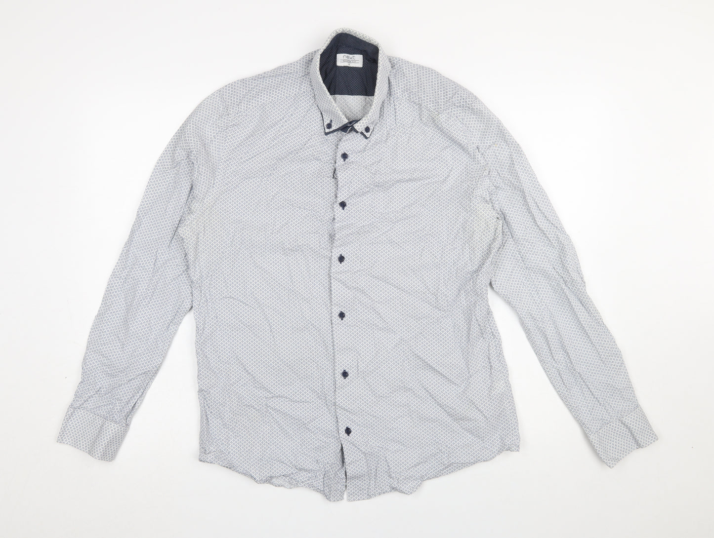 Next Men's Blue Patterned Button-Up Long Sleeve Cotton Shirt Medium