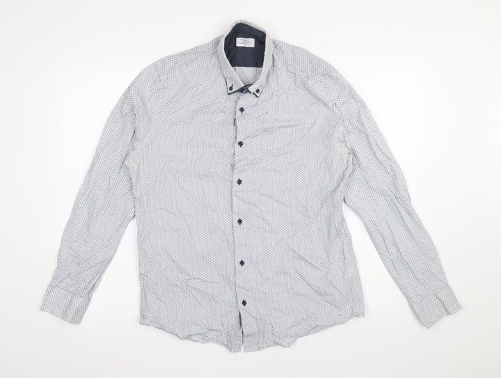 Next Men's Blue Patterned Button-Up Long Sleeve Cotton Shirt Medium