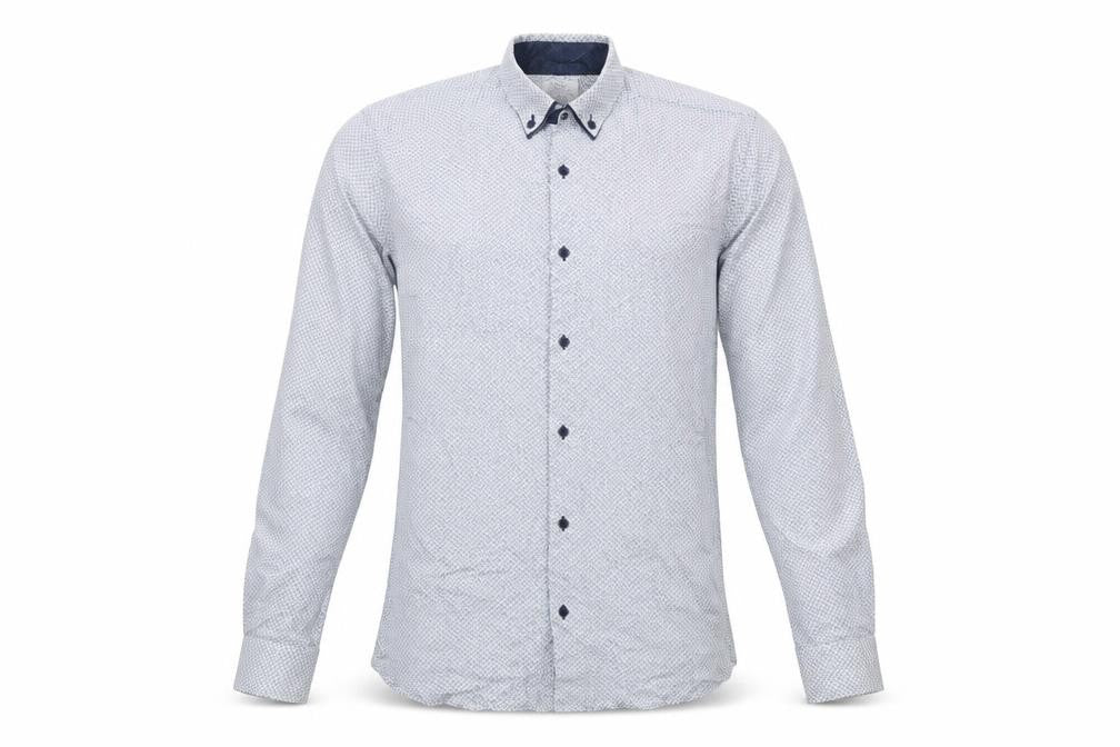 Front view of Next Men's Blue Patterned Button-Up Long Sleeve Cotton Shirt Medium