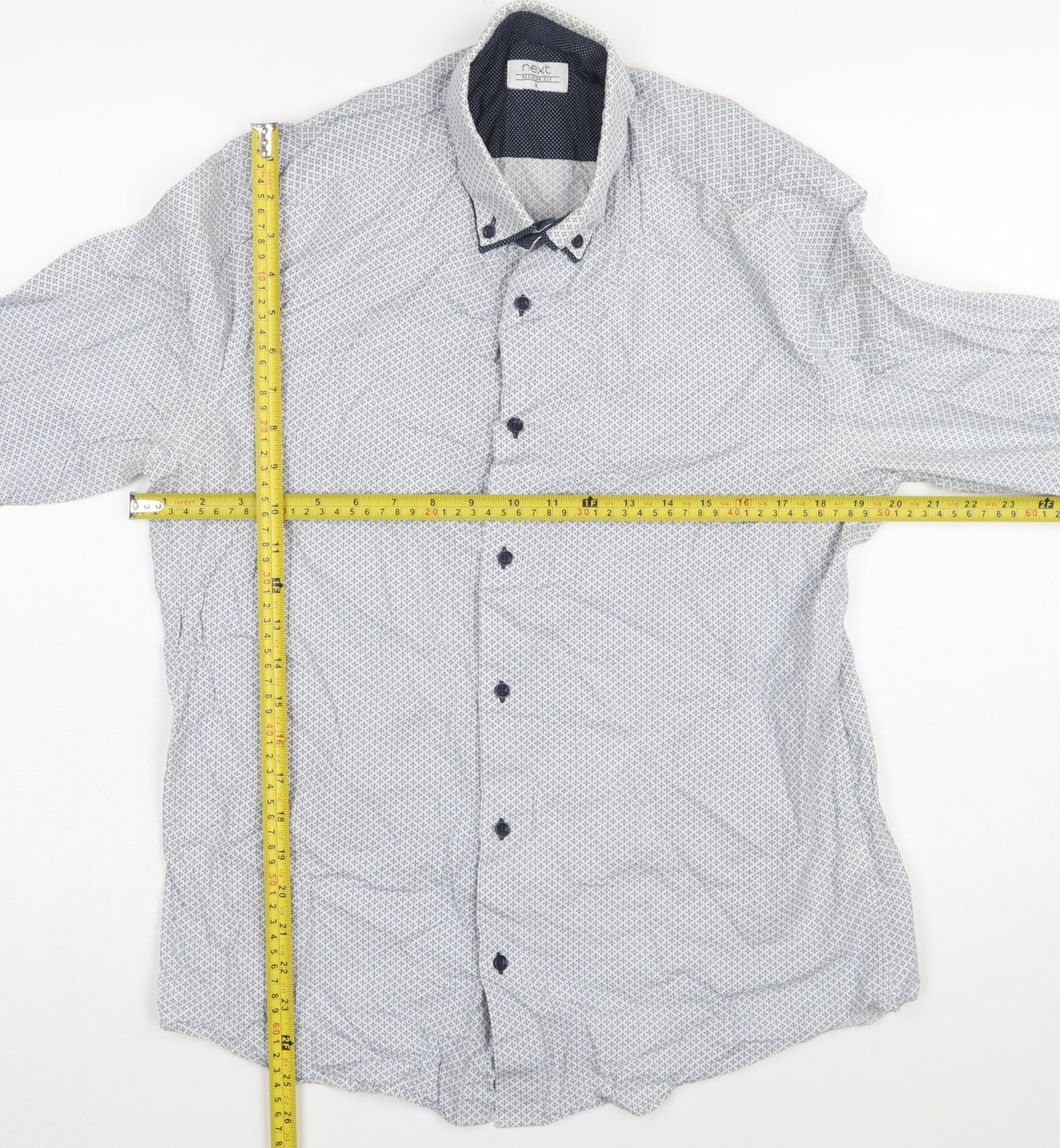 Next Men's Blue Patterned Button-Up Long Sleeve Cotton Shirt Medium