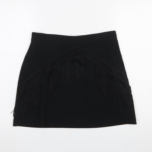 Zara Women Black Fringe Pencil Short Skirt L Formal Party
