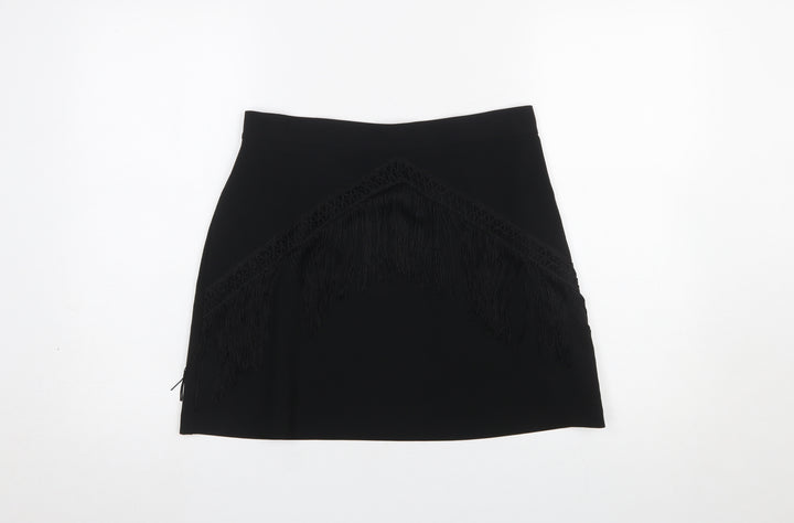 Zara Women Black Fringe Pencil Short Skirt L Formal Party