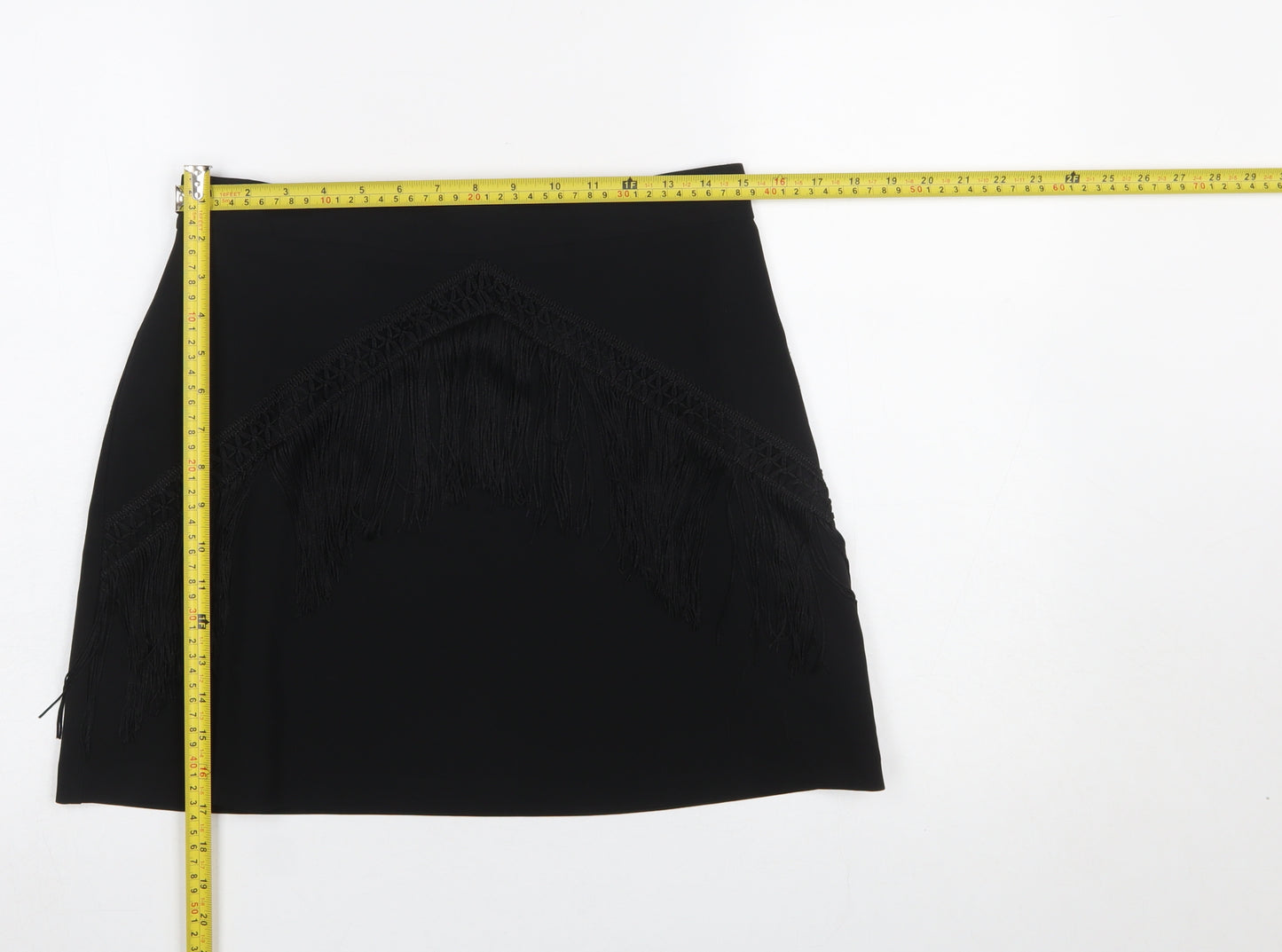 Zara Women Black Fringe Pencil Short Skirt L Formal Party