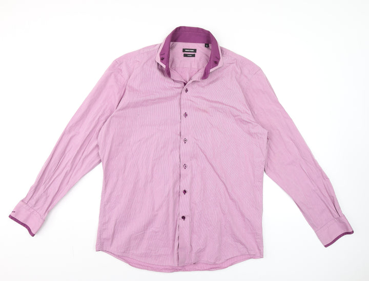 Remus Uomo Men’s Pink Striped Slim Fit Cotton Long Sleeve Formal Shirt L 17”