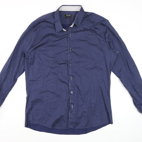 Remus Uomo Men's Blue Polka Dot Slim Fit Long Sleeve Cotton Dress Shirt M
