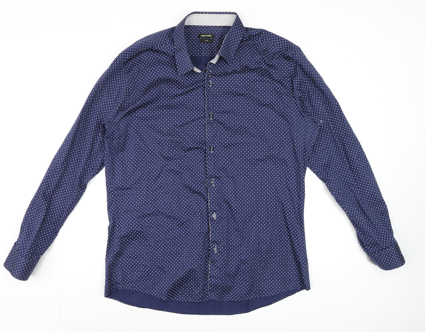 Remus Uomo Men's Blue Polka Dot Slim Fit Long Sleeve Cotton Dress Shirt M