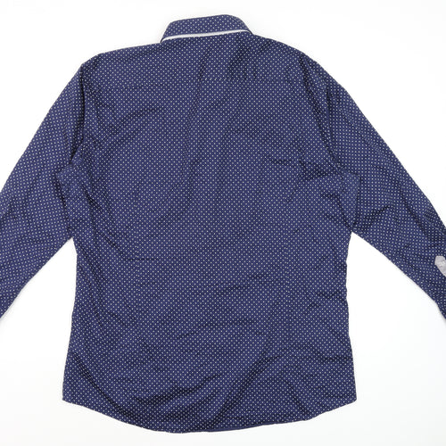 Remus Uomo Men's Blue Polka Dot Slim Fit Long Sleeve Cotton Dress Shirt M