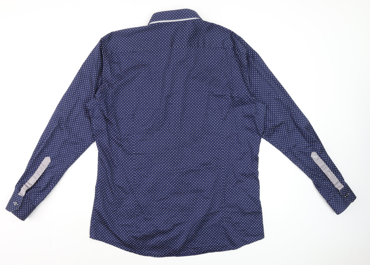 Remus Uomo Men's Blue Polka Dot Slim Fit Long Sleeve Cotton Dress Shirt M
