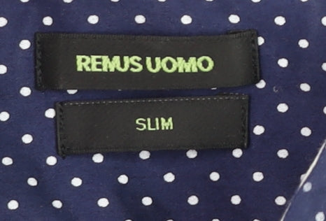 Remus Uomo Men's Blue Polka Dot Slim Fit Long Sleeve Cotton Dress Shirt M