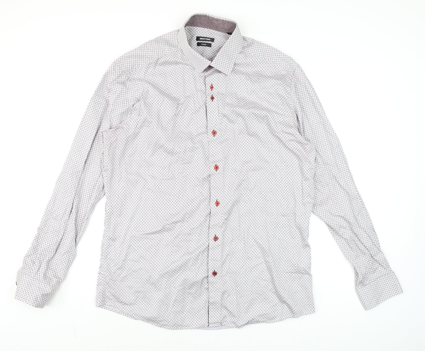 Remus Uomo Men's White Geometric Tapered Dress Shirt 17in 43cm Slim Fit