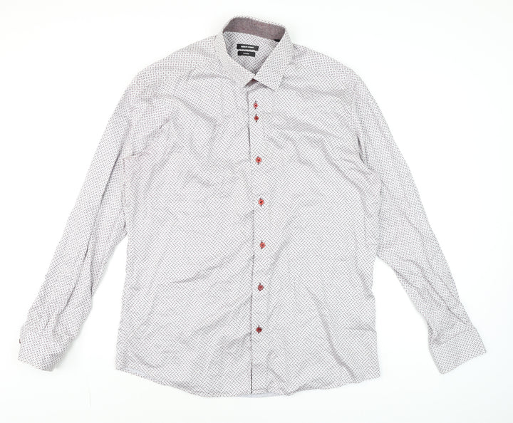 Remus Uomo Men's White Geometric Tapered Dress Shirt 17in 43cm Slim Fit
