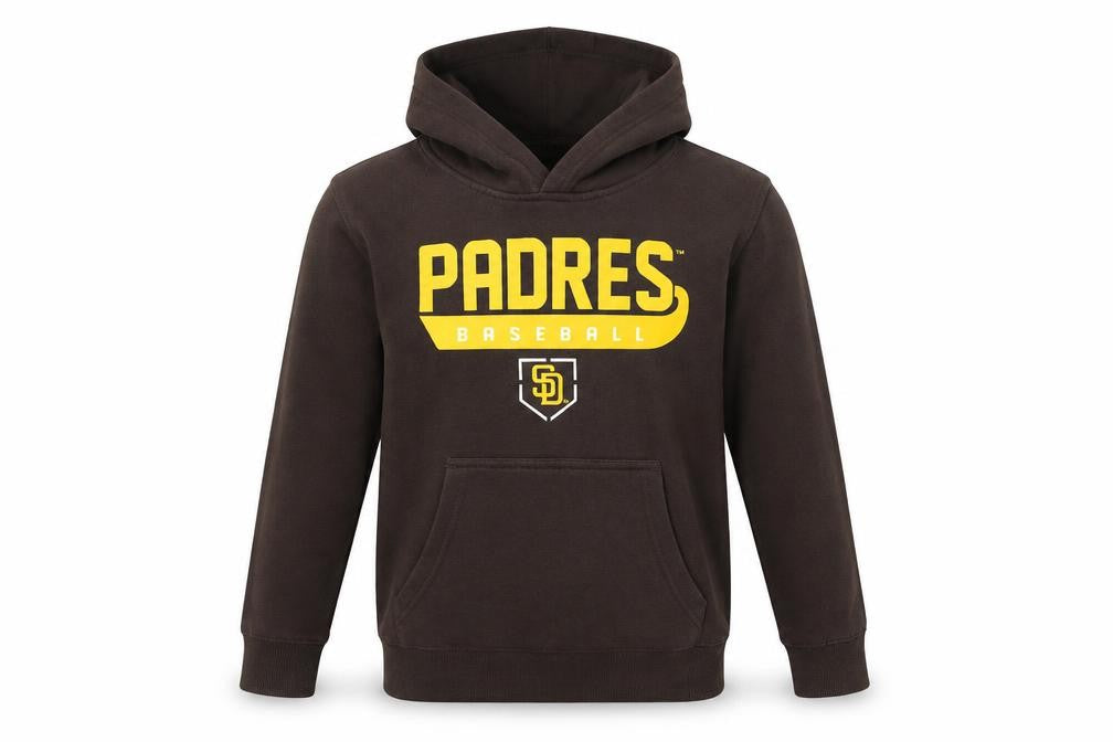Front view of Genuine Merchandise boys’ brown padres pullover hoodie, size 10-12, baseball graphic
