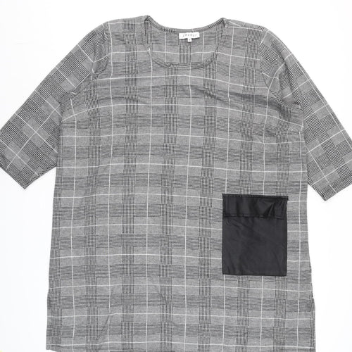 Zhenzi Women Grey Check Tunic Blouse M 3/4 Sleeve Classic Work Top