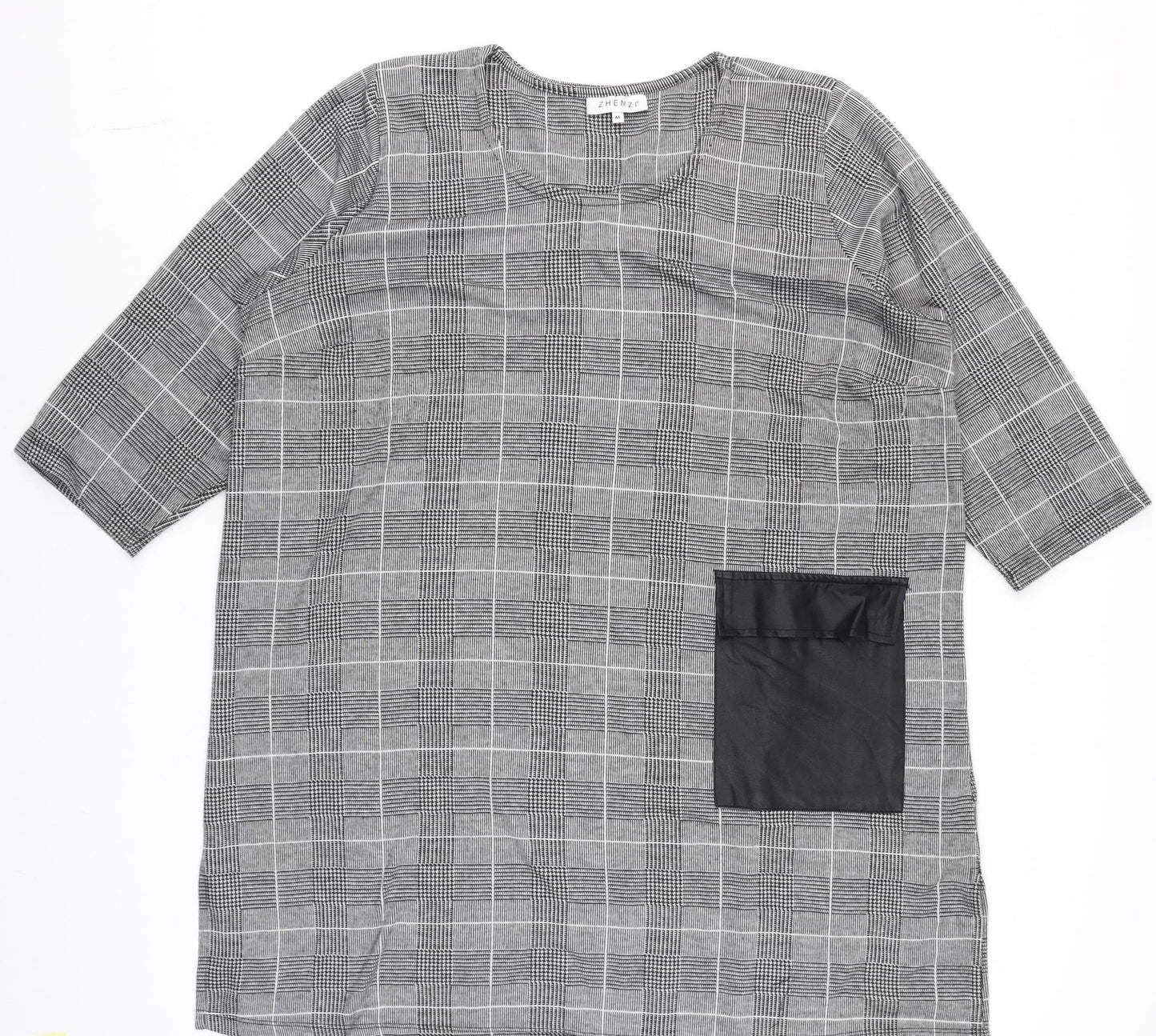 Zhenzi Women Grey Check Tunic Blouse M 3/4 Sleeve Classic Work Top