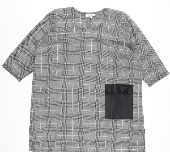 Zhenzi Women Grey Check Tunic Blouse M 3/4 Sleeve Classic Work Top