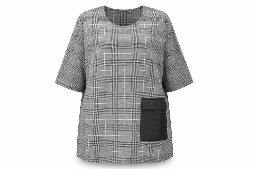 Front view of Zhenzi Women Grey Check Tunic Blouse M 3/4 Sleeve Classic Work Top