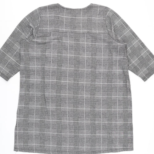 Zhenzi Women Grey Check Tunic Blouse M 3/4 Sleeve Classic Work Top