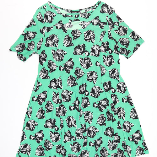 LabelBe Women’s Green Floral Skater Dress Size M Short Sleeve