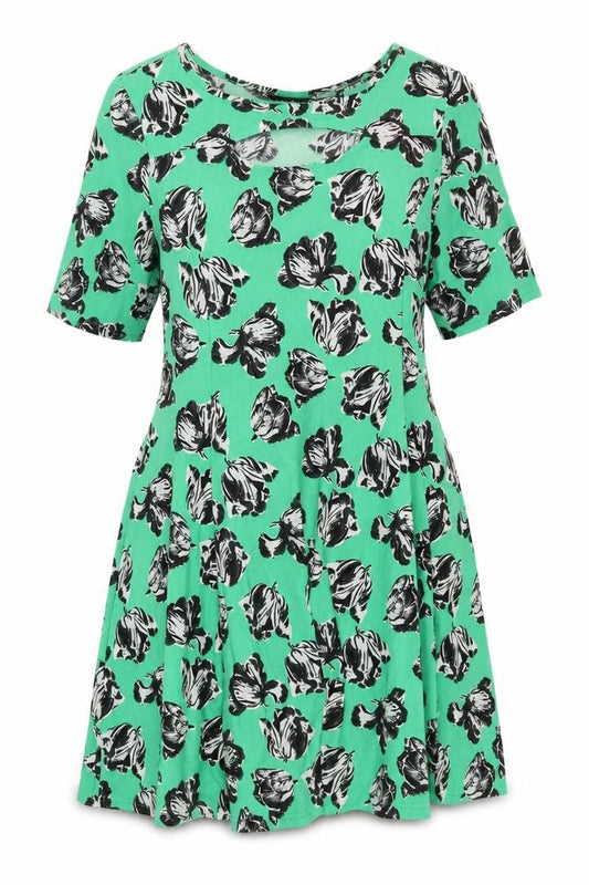 Front view of LabelBe Women’s Green Floral Skater Dress, size M, Short Sleeve
