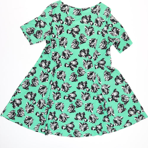 LabelBe Women’s Green Floral Skater Dress Size M Short Sleeve
