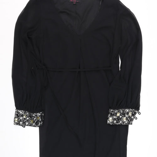Rise Womens Black Beaded Cuff V-Neck Shift Party Dress Size 14