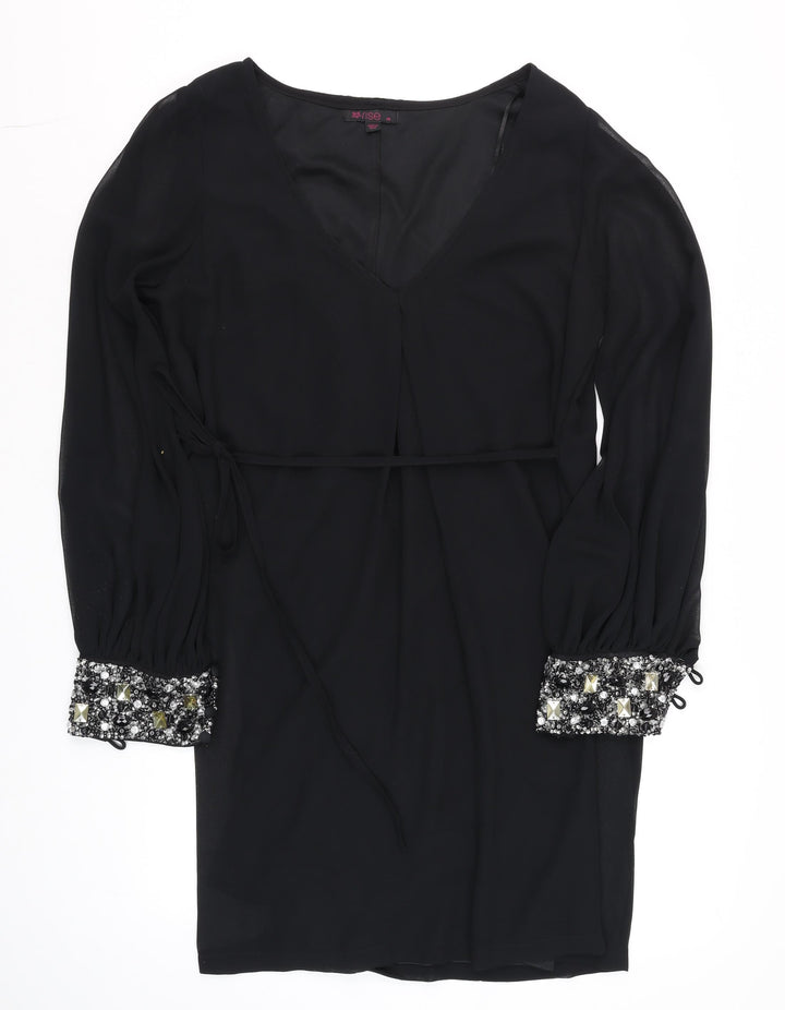 Rise Womens Black Beaded Cuff V-Neck Shift Party Dress Size 14
