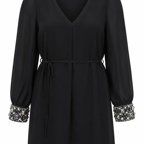 Rise Womens Black Beaded Cuff V-Neck Shift Party Dress Size 14
