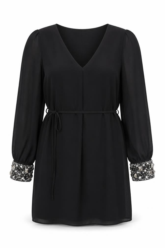 Rise Womens Black Beaded Cuff V-Neck Shift Party Dress Size 14