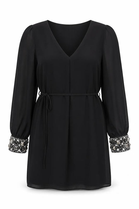 Front view of Rise women’s black beaded cuff v-neck shift party dress, size UK 14