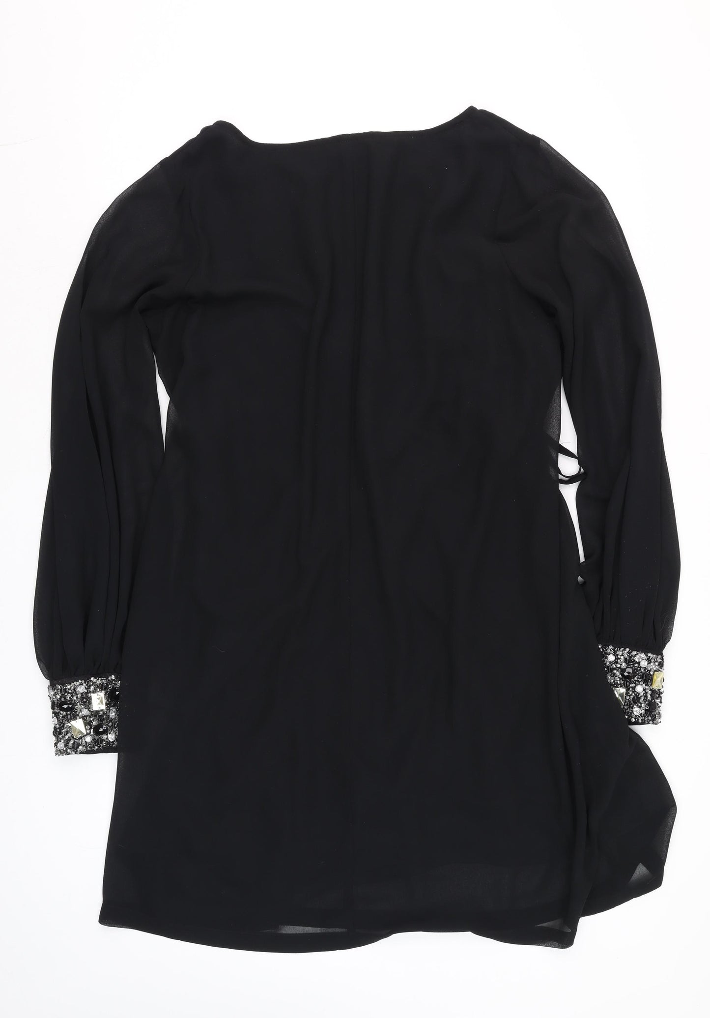 Rise Womens Black Beaded Cuff V-Neck Shift Party Dress Size 14