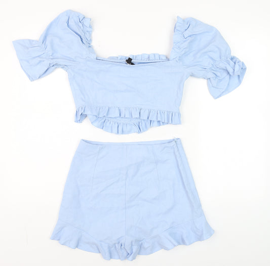 PrettyLittleThing Women Light Blue Cotton Ruffle Crop Top and Shorts Set UK 8