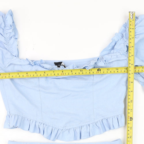 PrettyLittleThing Women Light Blue Cotton Ruffle Crop Top and Shorts Set UK 8