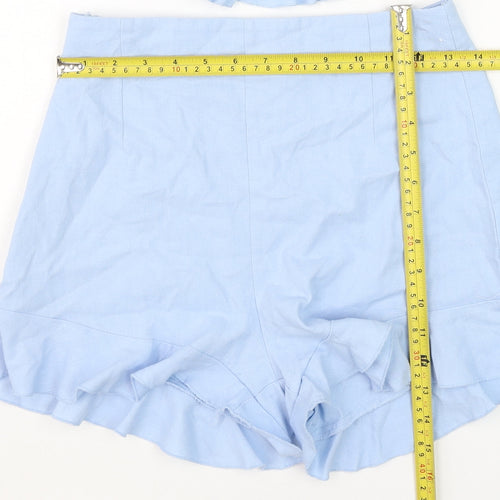 PrettyLittleThing Women Light Blue Cotton Ruffle Crop Top and Shorts Set UK 8