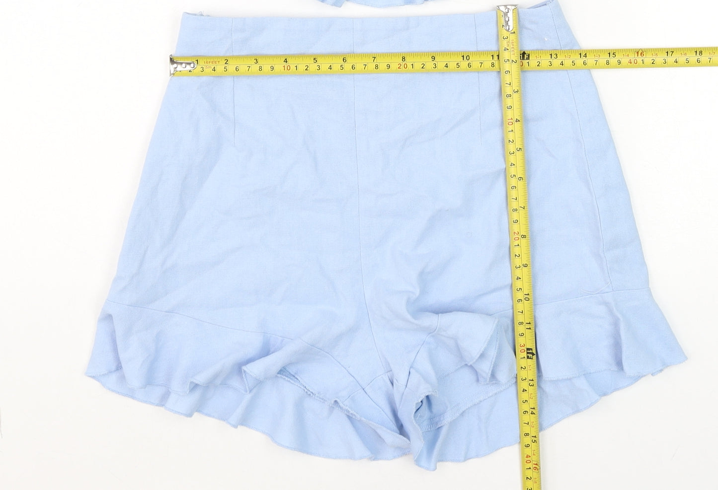 PrettyLittleThing Women Light Blue Cotton Ruffle Crop Top and Shorts Set UK 8