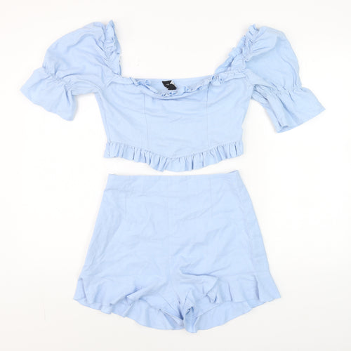 PrettyLittleThing Women Light Blue Cotton Ruffle Crop Top and Shorts Set UK 8